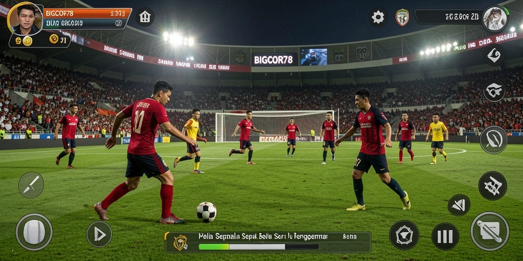 Tampilan gameplay seru dalam BIGCOR78 dengan aksi sepak bola nyata.
