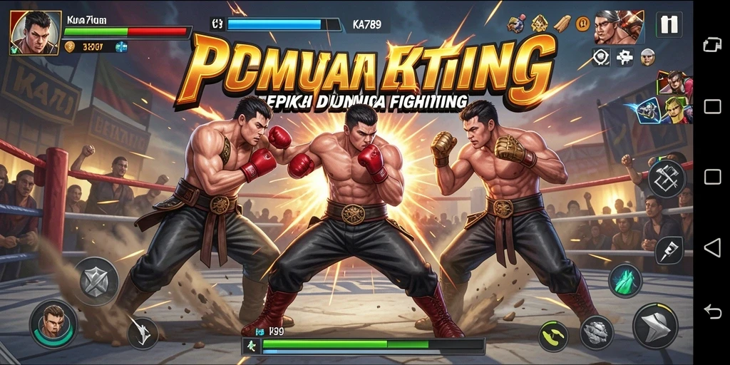 Screenshot menunjukkan pertarungan seru dengan aksi karakter yang dinamis.