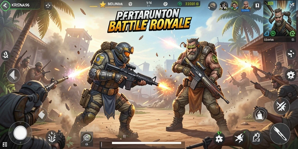 Tangkapan layar utama KRISNA96 menampilkan aksi seru di medan perang Battle Royale.
