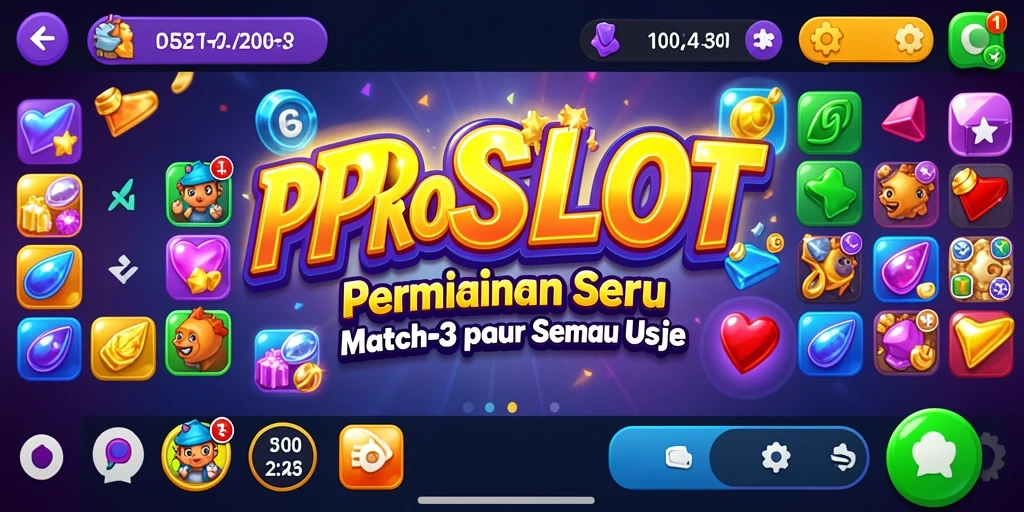 Screenshot PROSLOT menampilkan gameplay seru dan warna-warni Match-3.