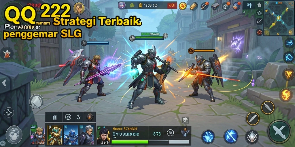 Screenshot menunjukkan pertempuran strategis dan antarmuka gameplay QQ222.