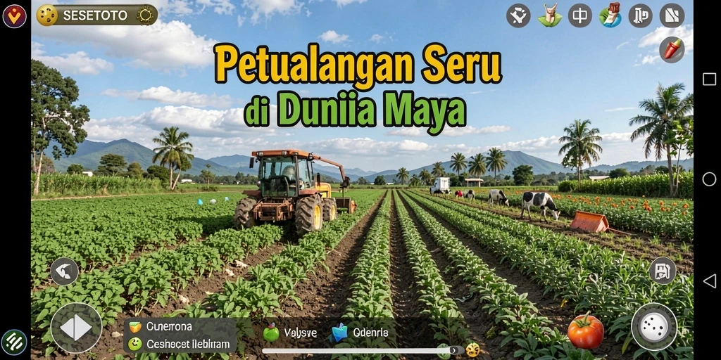 Tampilan gameplay SESETOTO yang menawan dengan ladang subur dan tanaman yang tumbuh.