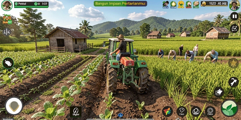 Tampilan gameplay V07 yang menarik saat bertani di ladang digital.